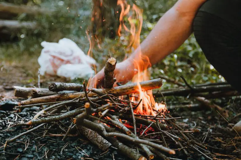 A close-up of a campfire with burning sticks. Perfect for outdoor camping themes.