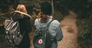 Two friends explore a forest trail together with backpacks, enjoying nature.